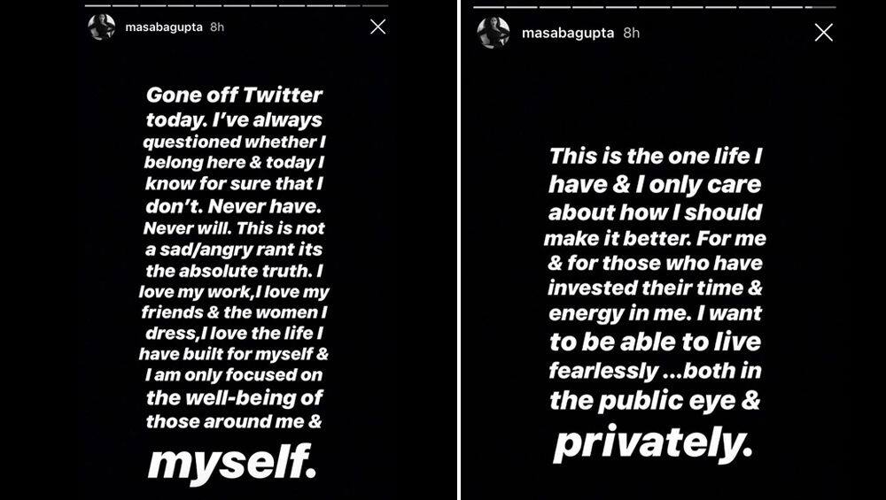 Screengrabs of Masaba Gupta's Instagram stories, where she declared that she would be quitting Twitter. Images via Instagram